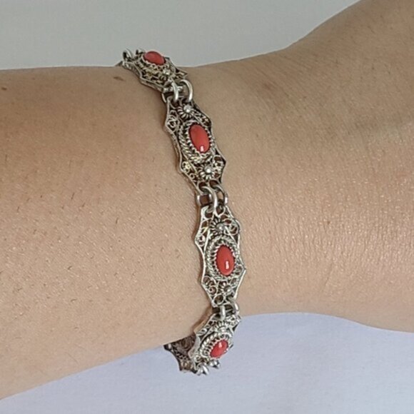 Vintage Antique Boho Sterling Silver Red Coral Cabochon Filigree Chain Bracelet - Picture 9 of 15